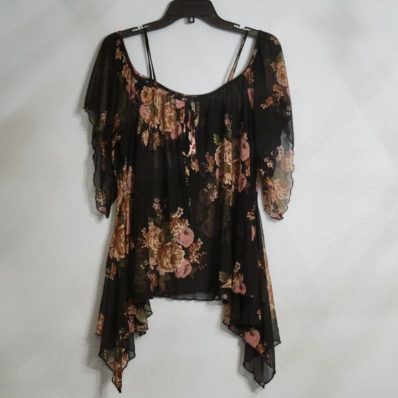 Black Sheer Floral Chiffon Blouse Tunic Handkerchief Hem Fairycore Whimsygoth L - Picture 3 of 9